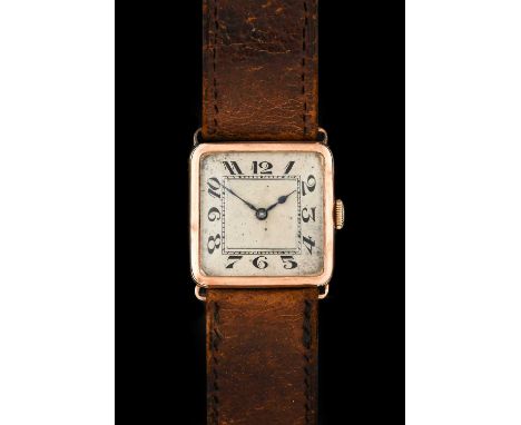 An Art Deco 9 Carat Gold Square Shaped Wristwatch, 1922, manual wound lever movement signed Trident, silvered dial with Arabi