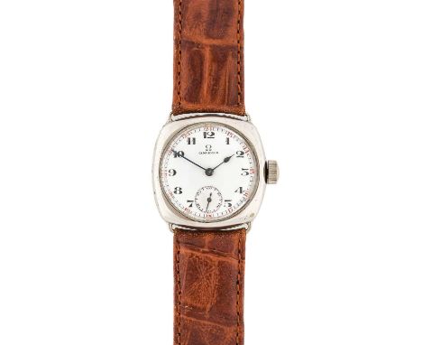 Omega: A Chrome Plated Enamel Dial Cushion Shaped Wristwatch, signed Omega, circa 1920, (calibre 27.9 SBN) lever movement sig