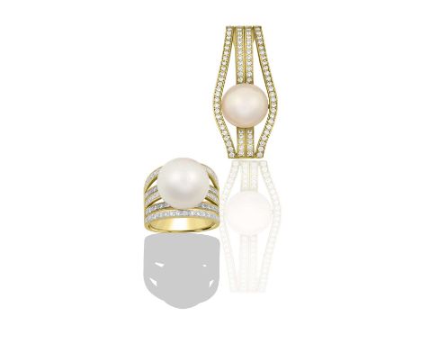 A Cultured Pearl and Diamond Pendant and Ringthe button pearl laid centrally upon a rectangular frame formed of four rows of 