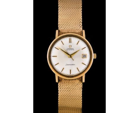 Omega: A 9 Carat Gold Automatic Calendar Centre Seconds Wristwatch, signed Omega, model: Seamaster, 1967, lever movement, sil
