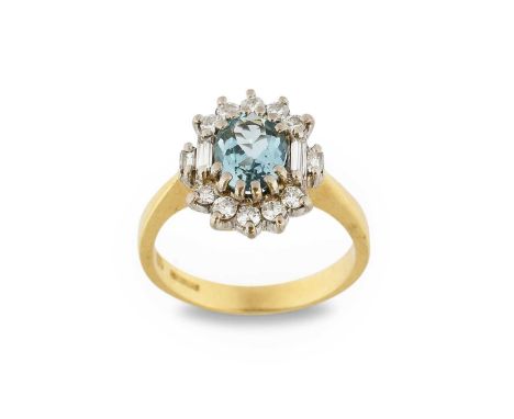 An 18 Carat Gold Aquamarine and Diamond Cluster Ringthe oval cut aquamarine within a border of round brilliant cut diamonds, 