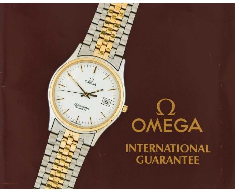 Omega: A Bi-Metal Calendar Centre Seconds Wristwatch, signed Omega, model: Seamaster, circa 1985, quartz movement, white dial