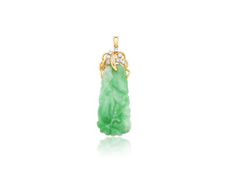 A Jade and Diamond Pendant the carved rectangular jade plaque surmounted by a yellow scroll set throughout with round brillia
