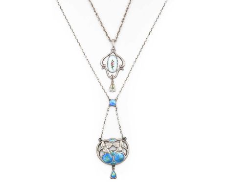 A Silver Enamel Necklace and A Silver Enamel Pendant on Later Chain, by Charles Horner the foliate panel enamelled in blue an