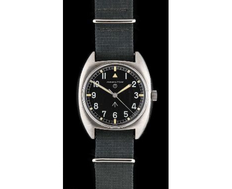 Hamilton: A British Military Stainless Steel Centre Seconds Wristwatch, signed Hamilton, issued in 1975, manual wound lever m