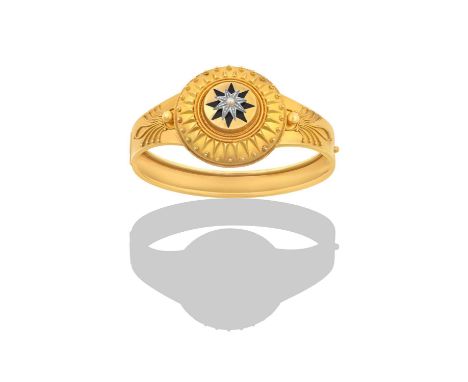 A Victorian Split Pearl and Enamel Banglethe central dome overlaid with a split pearl in a star setting, to a further blue en
