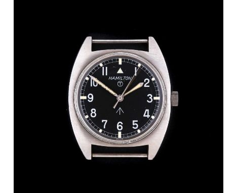 Hamilton: A British Military Centre Seconds Wristwatch, signed Hamilton, issued in 1973, lever movement, black dial signed an