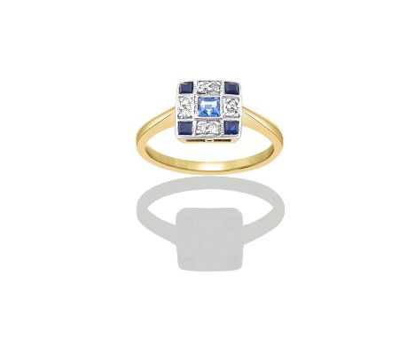 A Synthetic Sapphire and Diamond Cluster Ringthe central square step-cut synthetic sapphire within a border old cut diamonds,