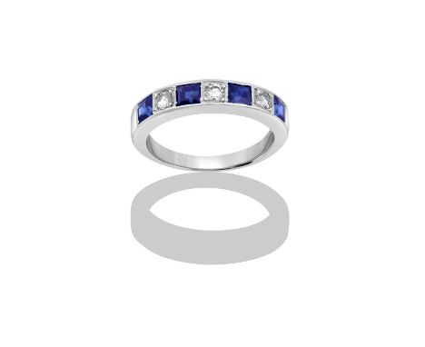 A Sapphire and Diamond Half Hoop Ringfour square cut sapphires alternate with three round brilliant cut diamonds, in white cl