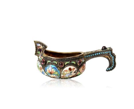 of typical form with angular handle, overall decorated with shaded vari-colour cloisonne enamel flowers and foliage on a diff