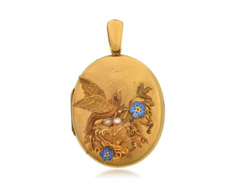 A Late Victorian Enamel, Pearl and Ruby Locketthe hinged oval plain polished locket, applied to the front with a bird perched