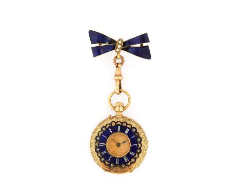 A Lady's 18 Carat Gold Diamond Set Enamel Fob Watch, circa 1900, cylinder movement, wolf's teeth winding, gold coloured dial 