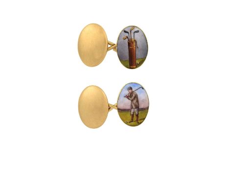 A Pair of 18 Carat Gold Enamel Cufflinkseach oval cufflink depicting an enamel golfing scene chain linked to a yellow plain p