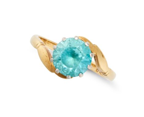 A VINTAGE BLUE ZIRCON RING in 18ct yellow gold set with a round cut blue zircon, full British hallmarks for Birmingham 1965, 