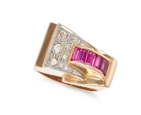 A RETRO SYNTHETIC RUBY AND DIAMOND RING, 1940'S, in 18ct yellow gold, set with a row of baguette cut synthetic rubies accente