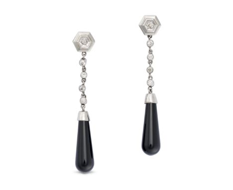 A PAIR OF VINTAGE ONYX AND DIAMOND DROP EARRINGS each comprising a row of old European cut diamonds suspending an onyx drop, 