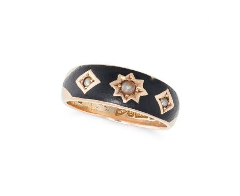 AN ANTIQUE BLACK ENAMEL AND PEARL RING in 9ct yellow gold, the tapering band set with three pearls and decorated with black e