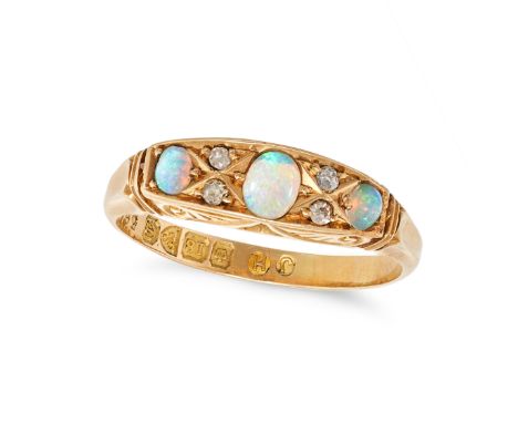 AN ANTIQUE EDWARDIAN OPAL AND DIAMOND RING in 18ct yellow gold, set with three cabochon opals punctuated by pairs of old cut 