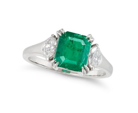 A COLOMBIAN EMERALD AND DIAMOND RING set with an octagonal step cut emerald of approximately 1.43 carats accented on each sid