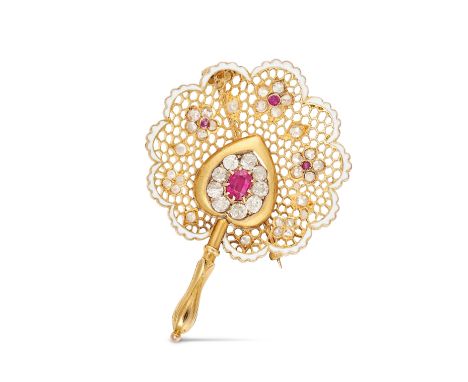 AN ANTIQUE RUBY, DIAMOND AND ENAMEL FAN BROOCH in yellow gold, designed as a fan set with an oval cut ruby in a cluster of ol