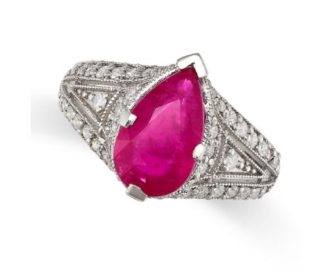 A RUBY AND DIAMOND RING set with a pear cut ruby of approximately 2.84 carats, accented by round brilliant cut diamonds, no a