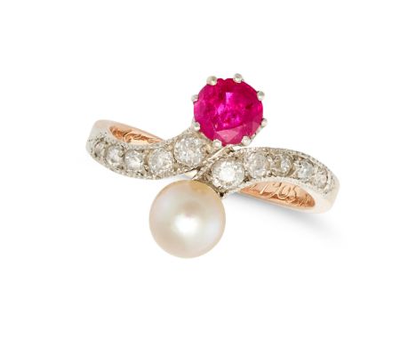 AN ANTIQUE FRENCH RUBY, PEARL AND DIAMOND TOI ET MOI RING set with a round cut ruby and a pearl accented by a row of old cut 