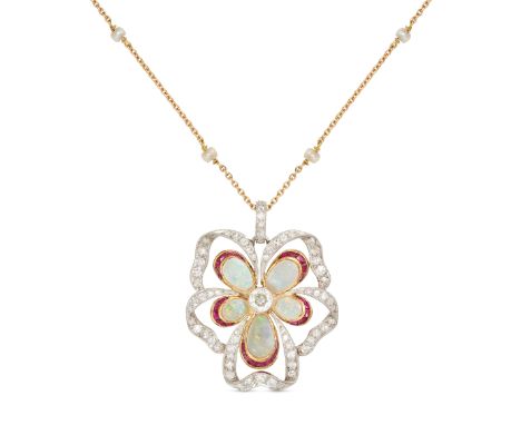AN ANTIQUE DIAMOND, OPAL AND RUBY PANSY PENDANT AND CHAIN the pendant set to the centre with an old cut diamond, accented by 