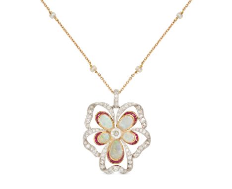 AN ANTIQUE DIAMOND, OPAL AND RUBY PANSY PENDANT AND CHAIN the pendant set to the centre with an old cut diamond, accented by 