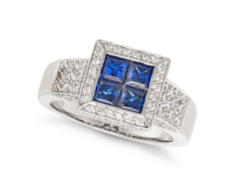 A SAPPHIRE AND DIAMOND DRESS RING in 18ct white gold, set with four square step cut sapphires in a border of round brilliant 