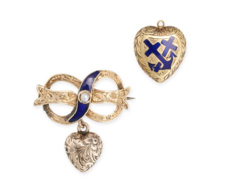 AN ANTIQUE ENAMEL HEART PENDANT AND BROOCH the heart pendant decorated with two intersecting blue enamel anchor motifs, crack