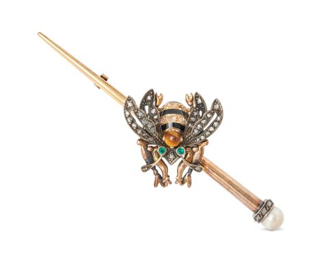 AN ANTIQUE DIAMOND, TIGER'S EYE, PEARL, EMERALD AND ENAMEL BEE BROOCH in yellow gold and silver, designed as a bee, the body 