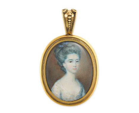 AN ANTIQUE PORTRAIT MINIATURE PENDANT set with an oval portrait miniature of a Georgian woman, with a glass covered locket pa