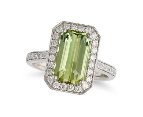 A GREEN TOURMALINE AND DIAMOND RING in platinum, set with an octagonal step cut green tourmaline of 3.52 carats in a border o