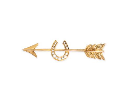 AN ANTIQUE PEARL AND DIAMOND HORSESHOE ARROW BROOCH designed as an arrow with an applied horseshoe motif set with alternating