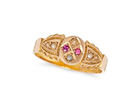 AN ANTIQUE RUBY AND PEARL RING in 15ct yellow gold, set with round cut rubies and seed pearls, partial British hallmarks, siz