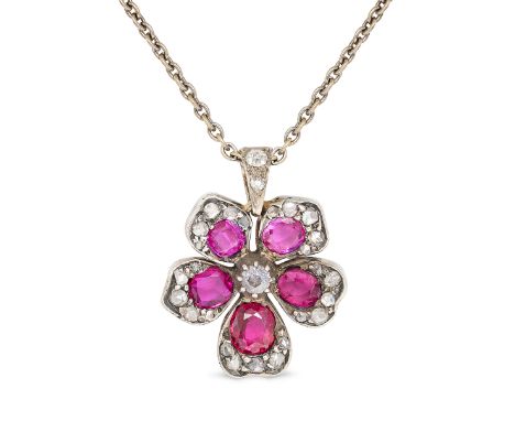 AN ANTIQUE RUBY AND DIAMOND FLOWER PENDANT NECKLACE in gold and silver, the pendant designed as a flower set with cushion and