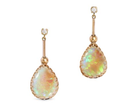 A PAIR OF OPAL AND DIAMOND DROP EARRINGS in yellow gold, each set with a round brilliant cut diamond suspending a drop termin