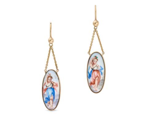 A PAIR OF ANTIQUE ENAMEL EARRINGS the oval faces depicting classical figures in coloured enamel, suspended from a chain, no a