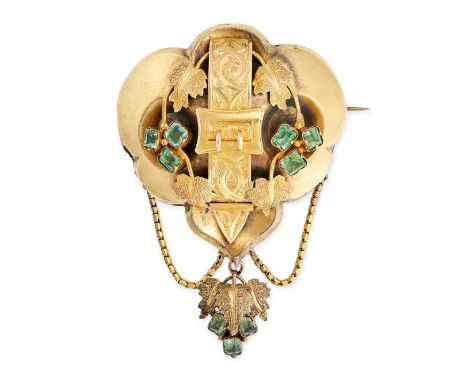 AN ANTIQUE EMERALD LOCKET BROOCH in yellow gold, designed as a belt buckle with vine leaves, set with clusters of step cut em