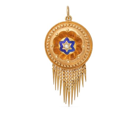 AN ANTIQUE PEARL AND ENAMEL PENDANT in Etruscan revival style set with a pearl in a star motif decorated with blue enamel, su