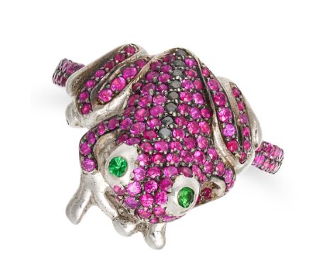 NO RESERVE - A RUBY, DIAMOND AND TSAVORITE GARNET FROG RING pave set throughout with round cut rubies and a row of round cut 