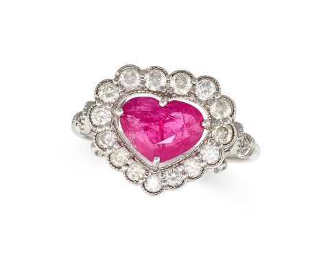 A HEART SHAPED RUBY AND DIAMOND RING set with a heart cut ruby in a border of round brilliant cut diamonds, no assay marks, s