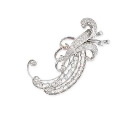 A VINTAGE DIAMOND BROOCH in 14ct white gold, designed as an abstract floral spray set throughout with round brilliant and sin