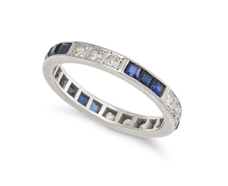 A SAPPHIRE AND DIAMOND ETERNITY RING set all around with a row of alternating trios of square step cut sapphires and single c