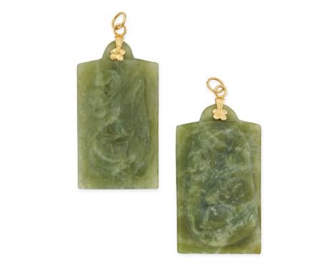NO RESERVE - A PAIR OF VINTAGE BOWENITE PENDANTS each comprising a carved bowenite suspended from a foliate style mount, no a