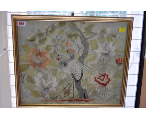A Chinese silk embroidered panel of a crane amidst flowering branches, 35 x 43cm.&nbsp; 
