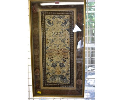 A Chinese silk embroidered panel, 19th century, the panel 53.5 x 22cm. 