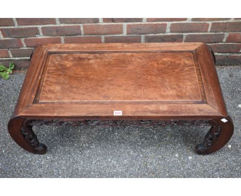 A Chinese carved hardwood opium table, with burr wood inset panel top, 97cm wide. 