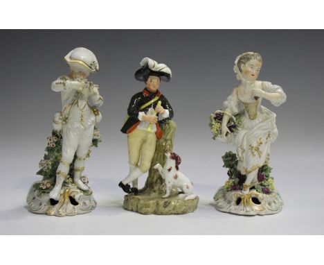 A pair of Chelsea Derby style figures, 19th century, modelled as a woman with a basket of grapes and a man picking flowers, e