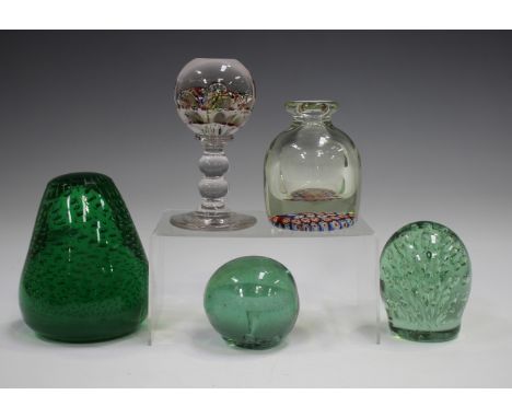A pedestal stem millefiori glass paperweight, possibly Ysart, early 20th century, the circular top with three layers of polyc